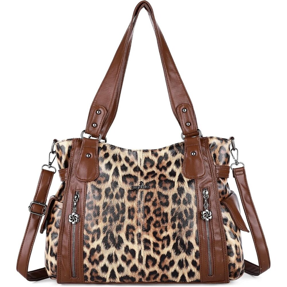 👑Women's Brown PU Leather Hobo Shoulder Bag with Top Handle and Zipper Pockets